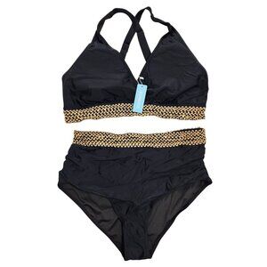 Black Gold High-Waisted Bikini  Strappy Back Crochet Waist Detail SZ 16W Womens